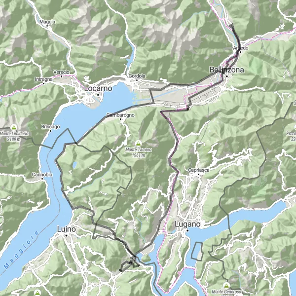 Miniaturní mapa "Cyklotrasa kolem jezera Maggiore" inspirace pro cyklisty v oblasti Lombardia, Italy. Vytvořeno pomocí plánovače tras Tarmacs.app