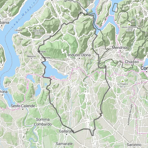 Miniature de la carte de l'inspiration cycliste "Tour du Lac de Varese et des montagnes environnantes" dans la Lombardia, Italy. Générée par le planificateur d'itinéraire cycliste Tarmacs.app