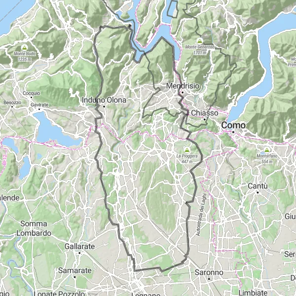 Miniatua del mapa de inspiración ciclista "Ruta por el Lago di Lugano y Monte Albano" en Lombardia, Italy. Generado por Tarmacs.app planificador de rutas ciclistas