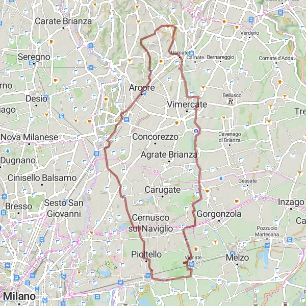 Miniature de la carte de l'inspiration cycliste "Évasion champêtre de 60 km" dans la Lombardia, Italy. Générée par le planificateur d'itinéraire cycliste Tarmacs.app