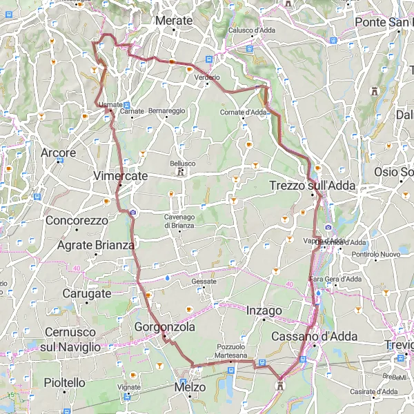 Miniaturní mapa "Gravelová cyklotrasa kolem Porto d'Adda" inspirace pro cyklisty v oblasti Lombardia, Italy. Vytvořeno pomocí plánovače tras Tarmacs.app