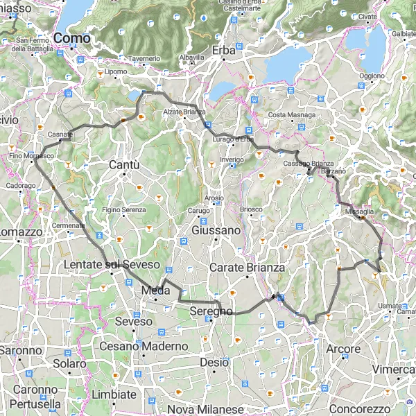 Map miniature of "Lesmo and Montorfano Tour" cycling inspiration in Lombardia, Italy. Generated by Tarmacs.app cycling route planner