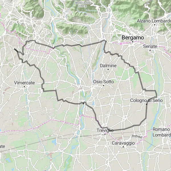 Miniatua del mapa de inspiración ciclista "Ruta en carretera a Vaprio d'Adda y Presezzo" en Lombardia, Italy. Generado por Tarmacs.app planificador de rutas ciclistas