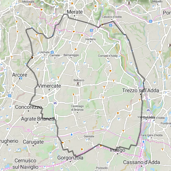 Map miniature of "San Gervasio and Omate Loop" cycling inspiration in Lombardia, Italy. Generated by Tarmacs.app cycling route planner