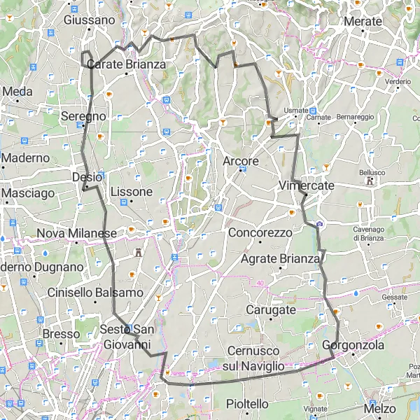 Miniatua del mapa de inspiración ciclista "Ruta de ciclismo por Carate Brianza y Seregno" en Lombardia, Italy. Generado por Tarmacs.app planificador de rutas ciclistas