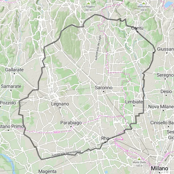 Map miniature of "Hills and Villages" cycling inspiration in Lombardia, Italy. Generated by Tarmacs.app cycling route planner