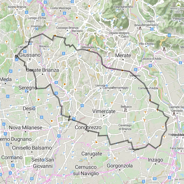 Miniatura della mappa di ispirazione al ciclismo "Avventura ciclistica a Casatenovo e dintorni" nella regione di Lombardia, Italy. Generata da Tarmacs.app, pianificatore di rotte ciclistiche