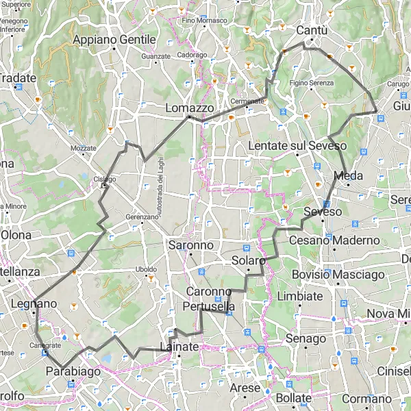 Mapa miniatúra "Road cycling adventure Meda - Caronno Pertusella - Legnano - Bregnano - Cantù" cyklistická inšpirácia v Lombardia, Italy. Vygenerované cyklistickým plánovačom trás Tarmacs.app