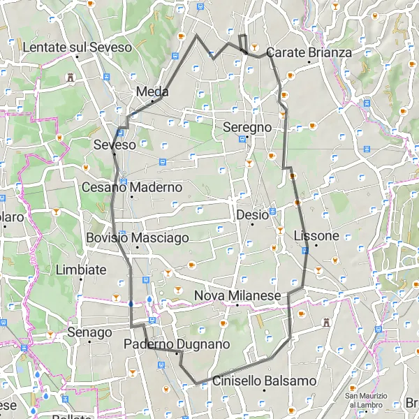 Miniature de la carte de l'inspiration cycliste "Escapade champêtre près de Mariano Comense" dans la Lombardia, Italy. Générée par le planificateur d'itinéraire cycliste Tarmacs.app