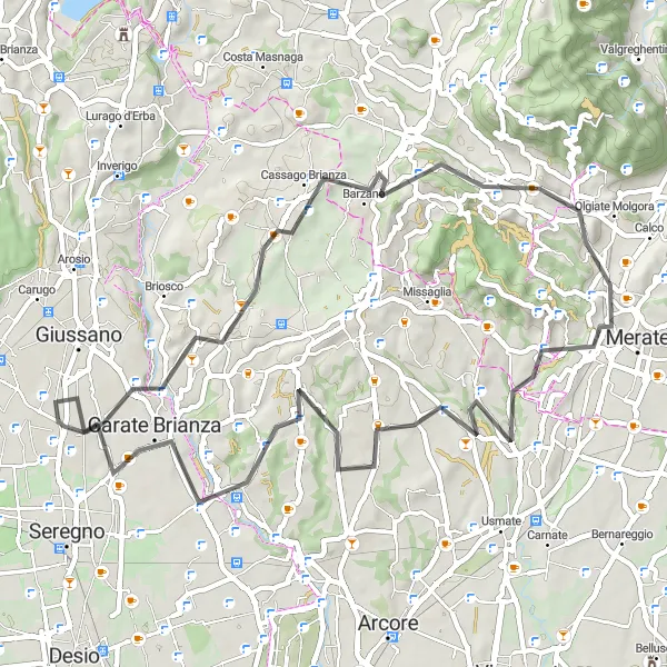 Map miniature of "Barzanò - Triuggio Cycling Route" cycling inspiration in Lombardia, Italy. Generated by Tarmacs.app cycling route planner