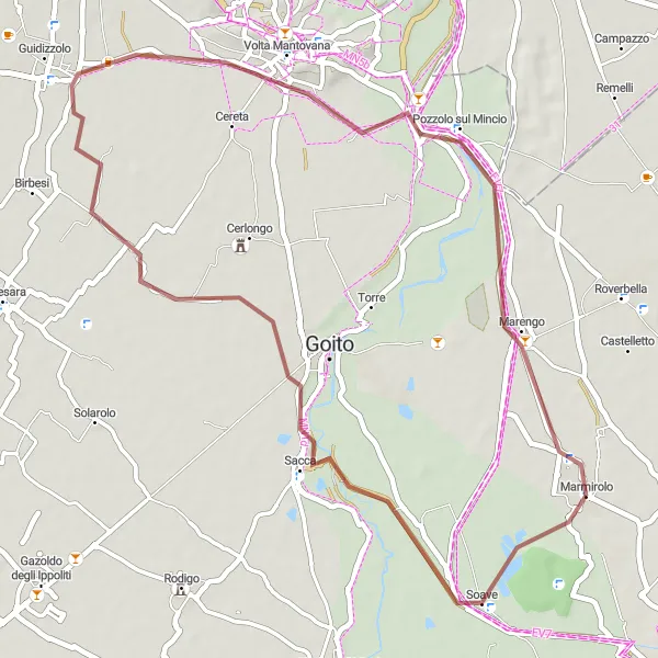 Miniaturní mapa "Gravelová cyklotrasa kolem Marmirolo" inspirace pro cyklisty v oblasti Lombardia, Italy. Vytvořeno pomocí plánovače tras Tarmacs.app