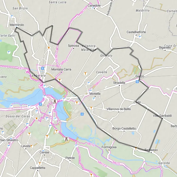 Mapa miniatúra "Okolo Marmirolo" cyklistická inšpirácia v Lombardia, Italy. Vygenerované cyklistickým plánovačom trás Tarmacs.app