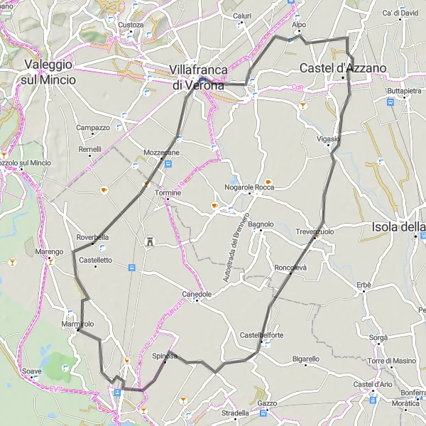 Miniaturní mapa "Cyklotrasa kolem Verony a jezera Garda" inspirace pro cyklisty v oblasti Lombardia, Italy. Vytvořeno pomocí plánovače tras Tarmacs.app