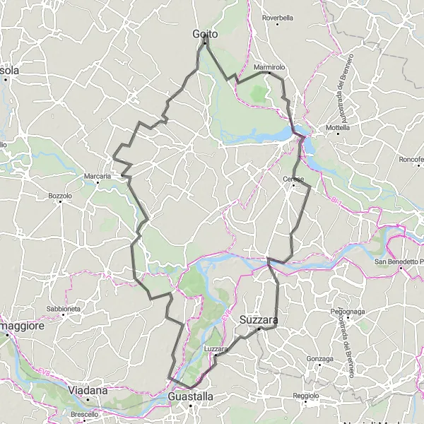 Miniatua del mapa de inspiración ciclista "Ruta en carretera de 112 km a través de Mantua" en Lombardia, Italy. Generado por Tarmacs.app planificador de rutas ciclistas
