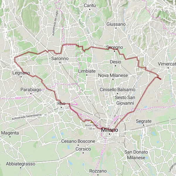 Map miniature of "Gerenzano Gravel Route" cycling inspiration in Lombardia, Italy. Generated by Tarmacs.app cycling route planner