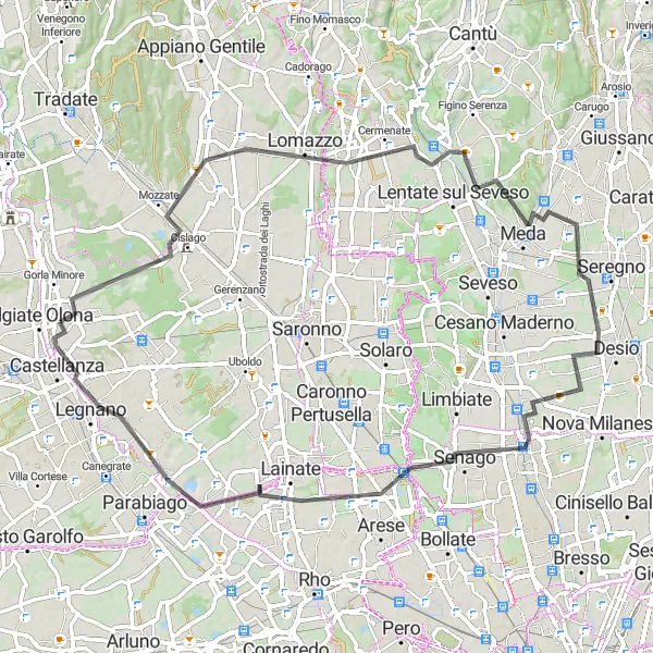 Map miniature of "Fenegrò Road Route" cycling inspiration in Lombardia, Italy. Generated by Tarmacs.app cycling route planner