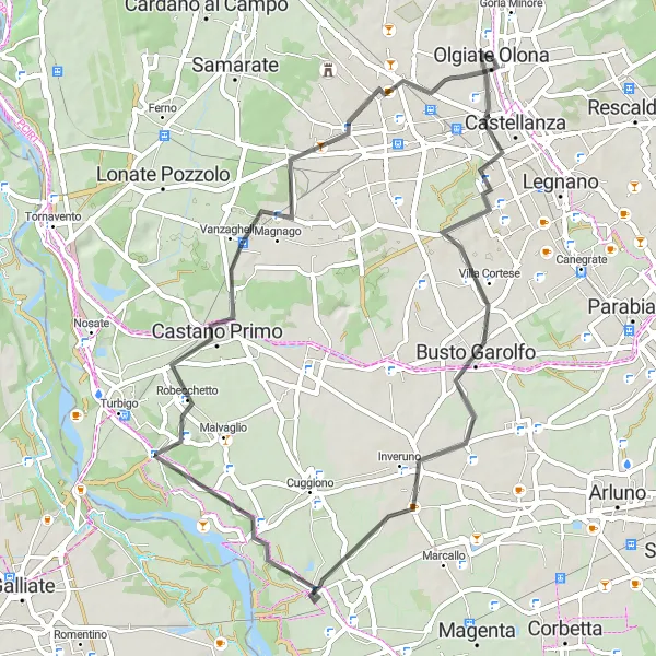 Karttaminiaatyyri "Castellanza - Prospiano" pyöräilyinspiraatiosta alueella Lombardia, Italy. Luotu Tarmacs.app pyöräilyreittisuunnittelijalla