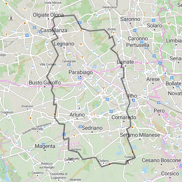 Map miniature of "Rescaldina Road Route" cycling inspiration in Lombardia, Italy. Generated by Tarmacs.app cycling route planner
