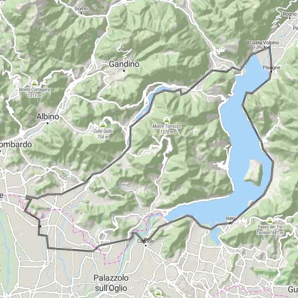 Miniatura della mappa di ispirazione al ciclismo "Avventura tra Iseo e Pisogne" nella regione di Lombardia, Italy. Generata da Tarmacs.app, pianificatore di rotte ciclistiche