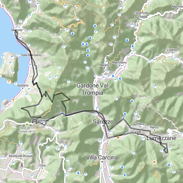 Miniatura della mappa di ispirazione al ciclismo "Sfida tra Marasino e Polaveno" nella regione di Lombardia, Italy. Generata da Tarmacs.app, pianificatore di rotte ciclistiche