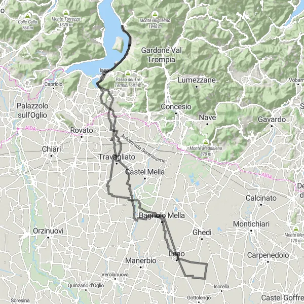 Miniatura della mappa di ispirazione al ciclismo "Percorso tra Marone e Bagnolo Mella" nella regione di Lombardia, Italy. Generata da Tarmacs.app, pianificatore di rotte ciclistiche