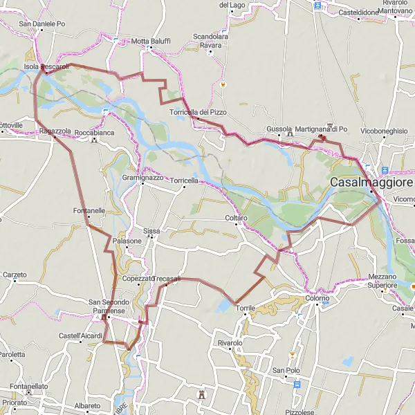 Mapa miniatúra "Gravel Ride to San Secondo Parmense" cyklistická inšpirácia v Lombardia, Italy. Vygenerované cyklistickým plánovačom trás Tarmacs.app