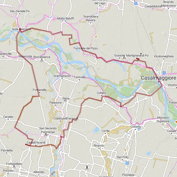 Mapa miniatúra "Gravelová cyklistická trasa z Martignana di Po" cyklistická inšpirácia v Lombardia, Italy. Vygenerované cyklistickým plánovačom trás Tarmacs.app