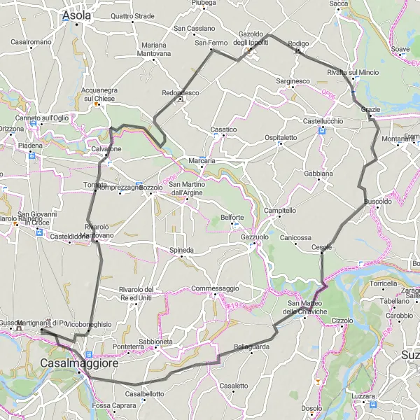 Miniaturní mapa "Panoramatický okruh kolem Martignany di Po" inspirace pro cyklisty v oblasti Lombardia, Italy. Vytvořeno pomocí plánovače tras Tarmacs.app