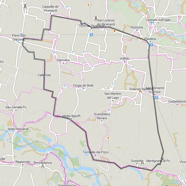 Miniaturní mapa "Kulturní okruh kolem Martignany di Po" inspirace pro cyklisty v oblasti Lombardia, Italy. Vytvořeno pomocí plánovače tras Tarmacs.app