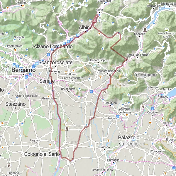 Kartminiatyr av "Upptäck Alzano Lombardo och Pizzo Casgnola på grusvägen" cykelinspiration i Lombardia, Italy. Genererad av Tarmacs.app cykelruttplanerare