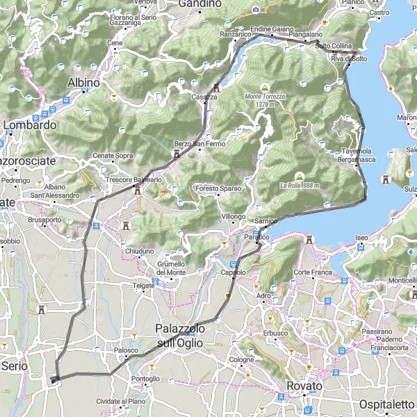 Miniatua del mapa de inspiración ciclista "Ruta en carretera de Colle San Giovanni a Palazzolo sull'Oglio" en Lombardia, Italy. Generado por Tarmacs.app planificador de rutas ciclistas