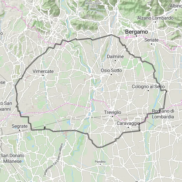 Map miniature of "Road Cycling Loop around Martinengo" cycling inspiration in Lombardia, Italy. Generated by Tarmacs.app cycling route planner