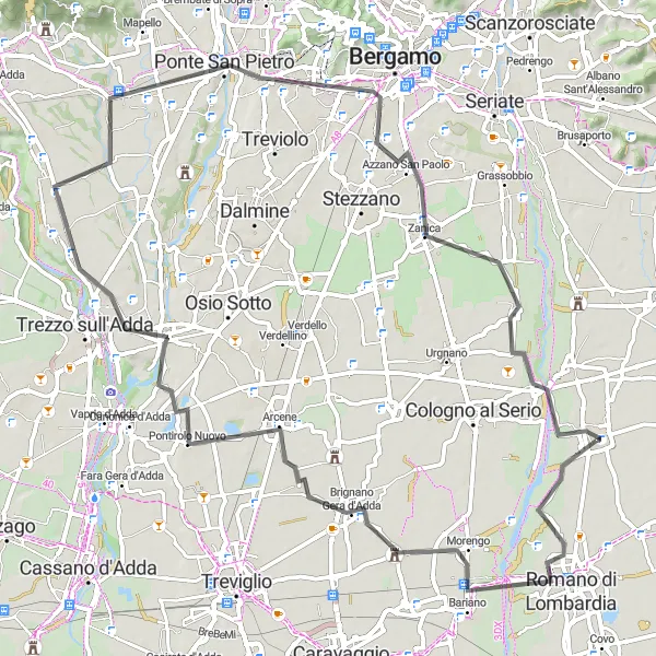 Karttaminiaatyyri "Historical Circuit to Brignano Gera d'Adda" pyöräilyinspiraatiosta alueella Lombardia, Italy. Luotu Tarmacs.app pyöräilyreittisuunnittelijalla