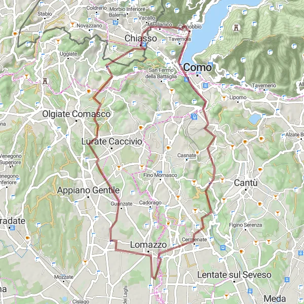 Miniatura della mappa di ispirazione al ciclismo "Giro in Gravel intorno a Maslianico" nella regione di Lombardia, Italy. Generata da Tarmacs.app, pianificatore di rotte ciclistiche