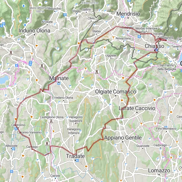 Miniature de la carte de l'inspiration cycliste "La Boucle de Malnate et Morbio Inferiore" dans la Lombardia, Italy. Générée par le planificateur d'itinéraire cycliste Tarmacs.app