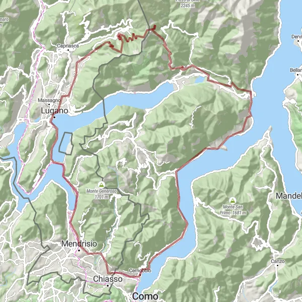 Kartminiatyr av "Grusvei rundt Luganosjøen" sykkelinspirasjon i Lombardia, Italy. Generert av Tarmacs.app sykkelrutoplanlegger