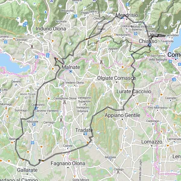 Kartminiatyr av "Äventyrlig rundtur till Mendrisio och Olzino" cykelinspiration i Lombardia, Italy. Genererad av Tarmacs.app cykelruttplanerare