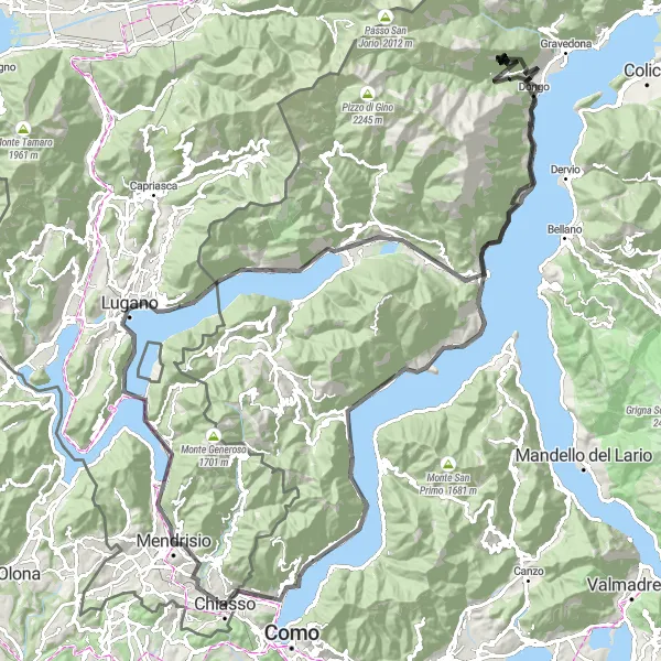 Zemljevid v pomanjšavi "Od jezera Lugano do Cernobbio" kolesarske inspiracije v Lombardia, Italy. Generirano z načrtovalcem kolesarskih poti Tarmacs.app