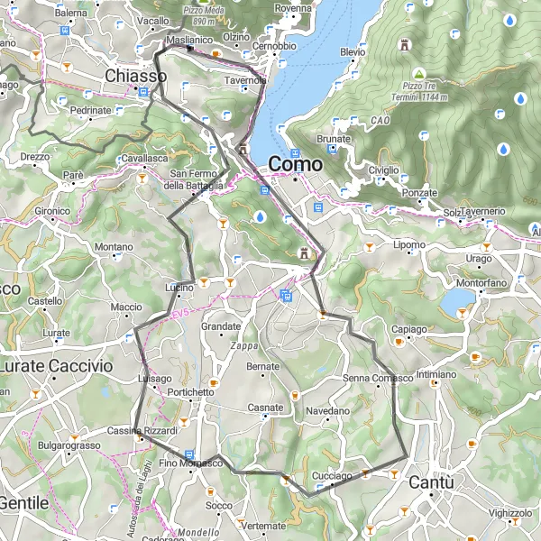 Karttaminiaatyyri "Como-järven kierros" pyöräilyinspiraatiosta alueella Lombardia, Italy. Luotu Tarmacs.app pyöräilyreittisuunnittelijalla