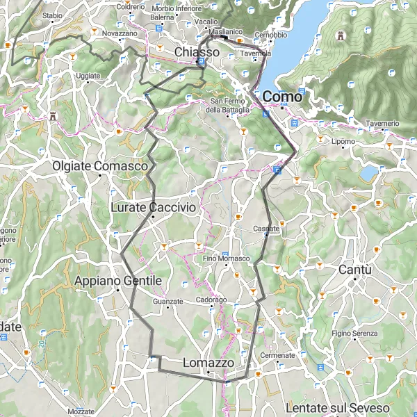 Kartminiatyr av "Rundtur till Cardina och Como" cykelinspiration i Lombardia, Italy. Genererad av Tarmacs.app cykelruttplanerare