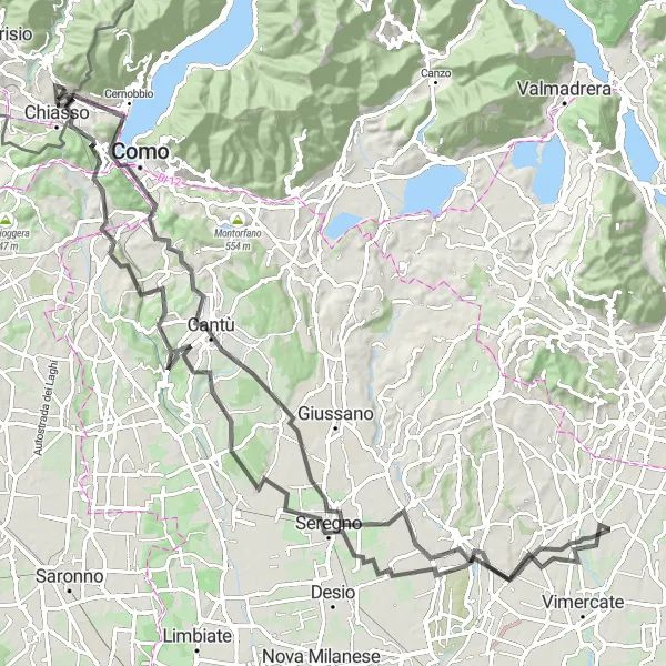 Miniatua del mapa de inspiración ciclista "Ruta en Carretera a Como y Arcore" en Lombardia, Italy. Generado por Tarmacs.app planificador de rutas ciclistas