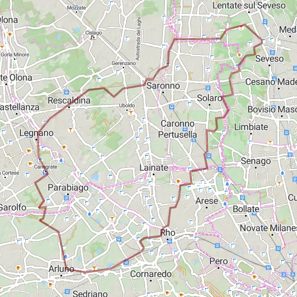 Miniature de la carte de l'inspiration cycliste "Route du gravier de 68 km près de Meda" dans la Lombardia, Italy. Générée par le planificateur d'itinéraire cycliste Tarmacs.app