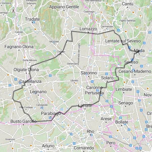Kartminiatyr av "Slingrande vägar runt Meda" cykelinspiration i Lombardia, Italy. Genererad av Tarmacs.app cykelruttplanerare