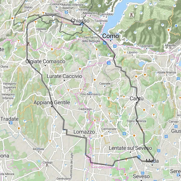 Miniaturní mapa "Okruhová cyklistická trasa od Meda" inspirace pro cyklisty v oblasti Lombardia, Italy. Vytvořeno pomocí plánovače tras Tarmacs.app