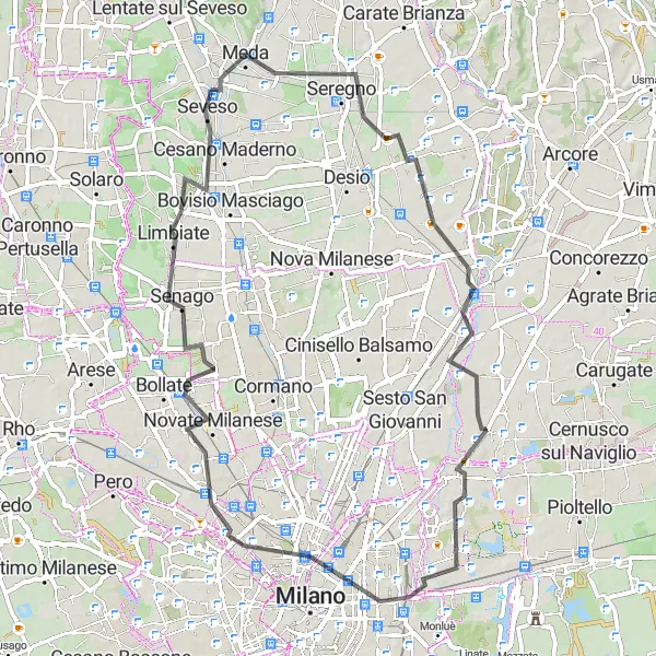 Map miniature of "Lissone to Cesano Maderno Road Ride" cycling inspiration in Lombardia, Italy. Generated by Tarmacs.app cycling route planner