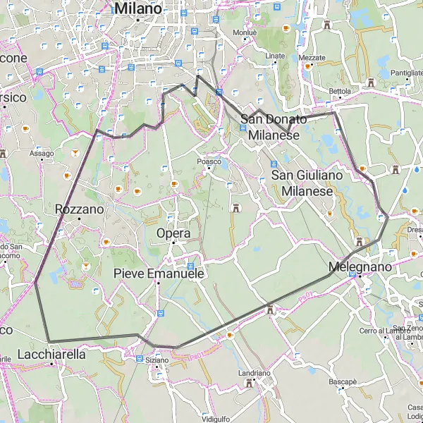 Miniatura della mappa di ispirazione al ciclismo "Giro in bicicletta da Mediglia a San Donato Milanese" nella regione di Lombardia, Italy. Generata da Tarmacs.app, pianificatore di rotte ciclistiche