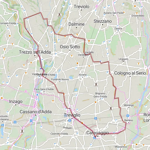 Karttaminiaatyyri "Medolago - Chignolo d'Isola Gravel Loop" pyöräilyinspiraatiosta alueella Lombardia, Italy. Luotu Tarmacs.app pyöräilyreittisuunnittelijalla