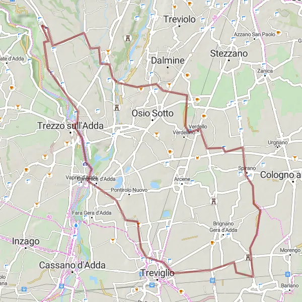 Miniatua del mapa de inspiración ciclista "Ruta de Grava Levate-Castel Cerreto-Trezzo sull'Adda" en Lombardia, Italy. Generado por Tarmacs.app planificador de rutas ciclistas
