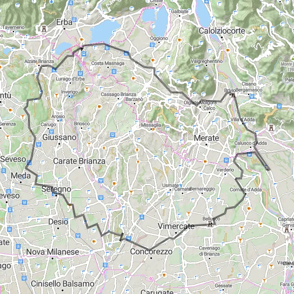 Karttaminiaatyyri "Vuoriston valloitusta" pyöräilyinspiraatiosta alueella Lombardia, Italy. Luotu Tarmacs.app pyöräilyreittisuunnittelijalla