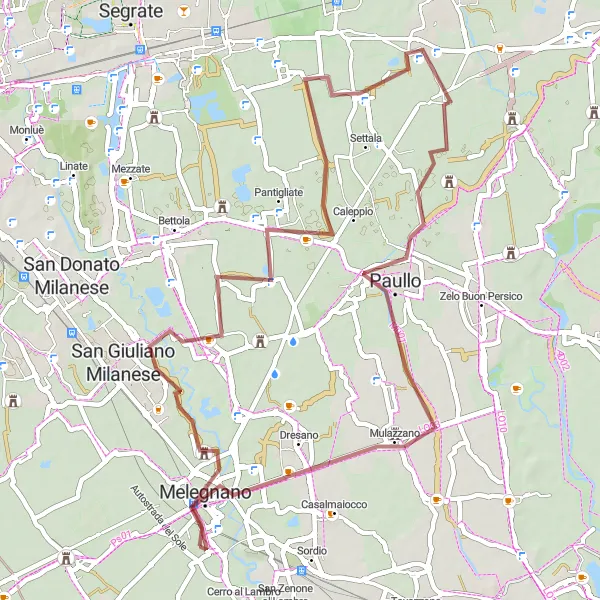 Miniaturní mapa "Cyklotrasa Gravel kolem Melegnano" inspirace pro cyklisty v oblasti Lombardia, Italy. Vytvořeno pomocí plánovače tras Tarmacs.app